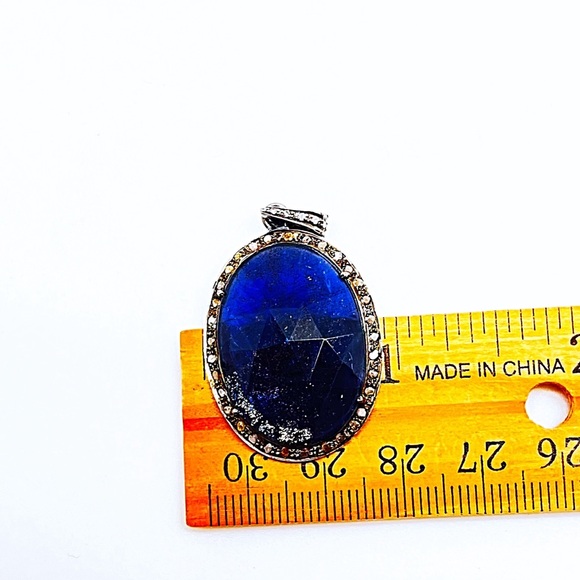 Diamond Sapphire Pendant on 36” Oxidized Sterling Paperclip Chain Diamond Clasp - Picture 9 of 10